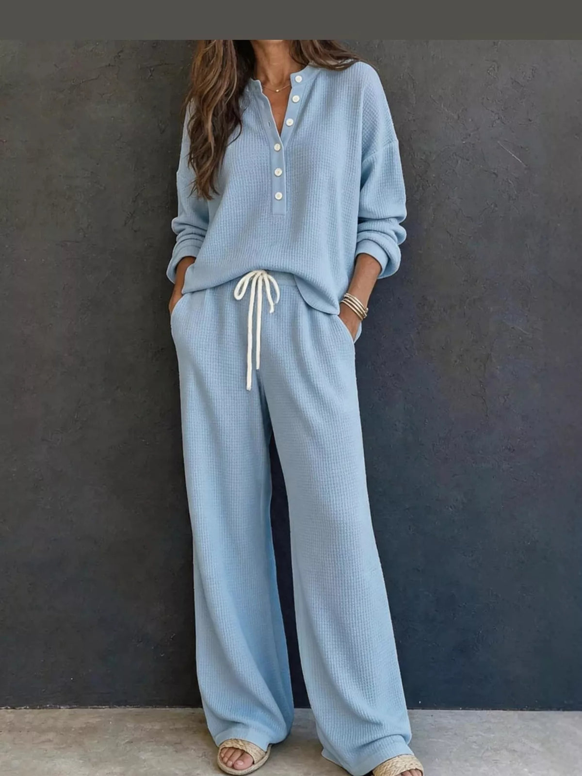 Waffle Knit Button Detail Top and Pants Set