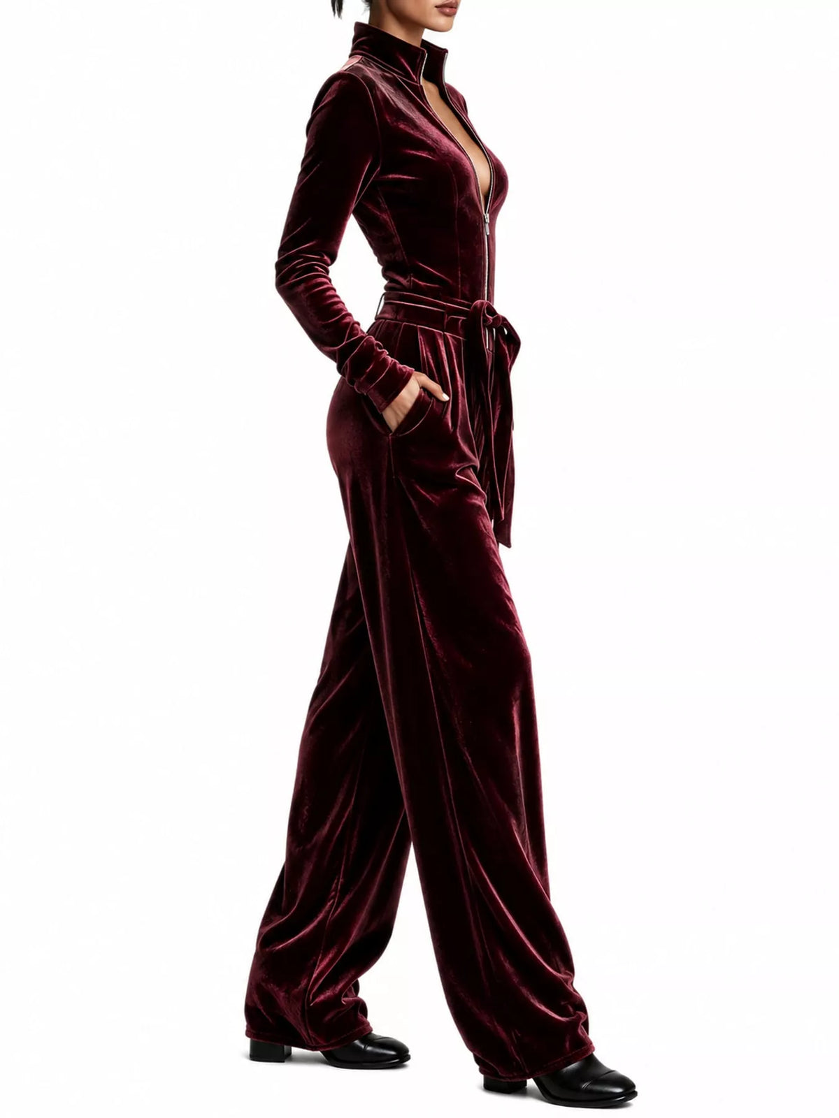 Velvet Zip-Up Jumpsuit with Tie Waist