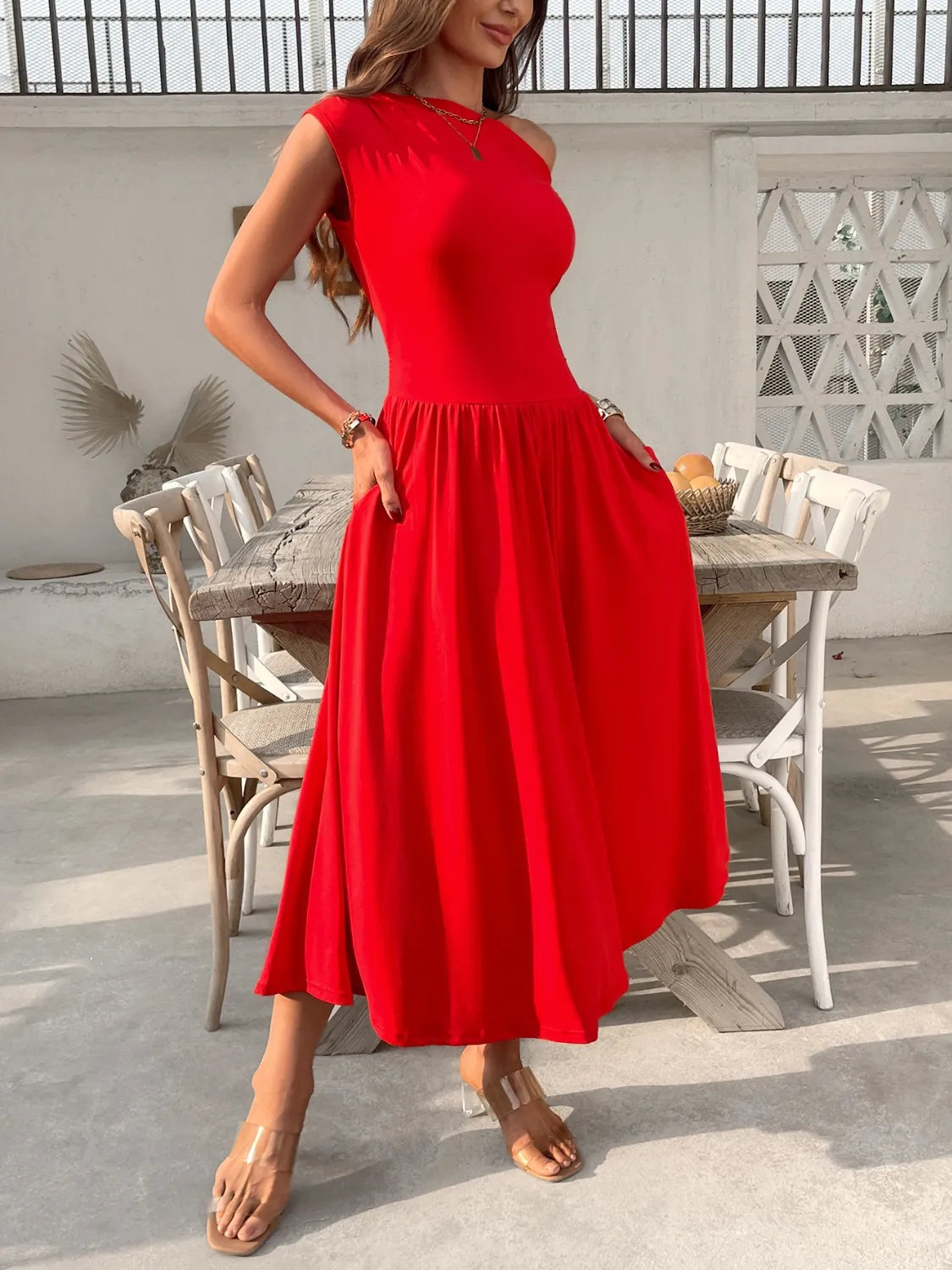 Single Shoulder Midi Dress with Pockets