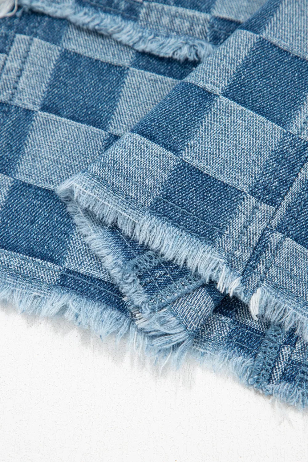 Frayed Hem Checkered Denim Mini Dress in Medium