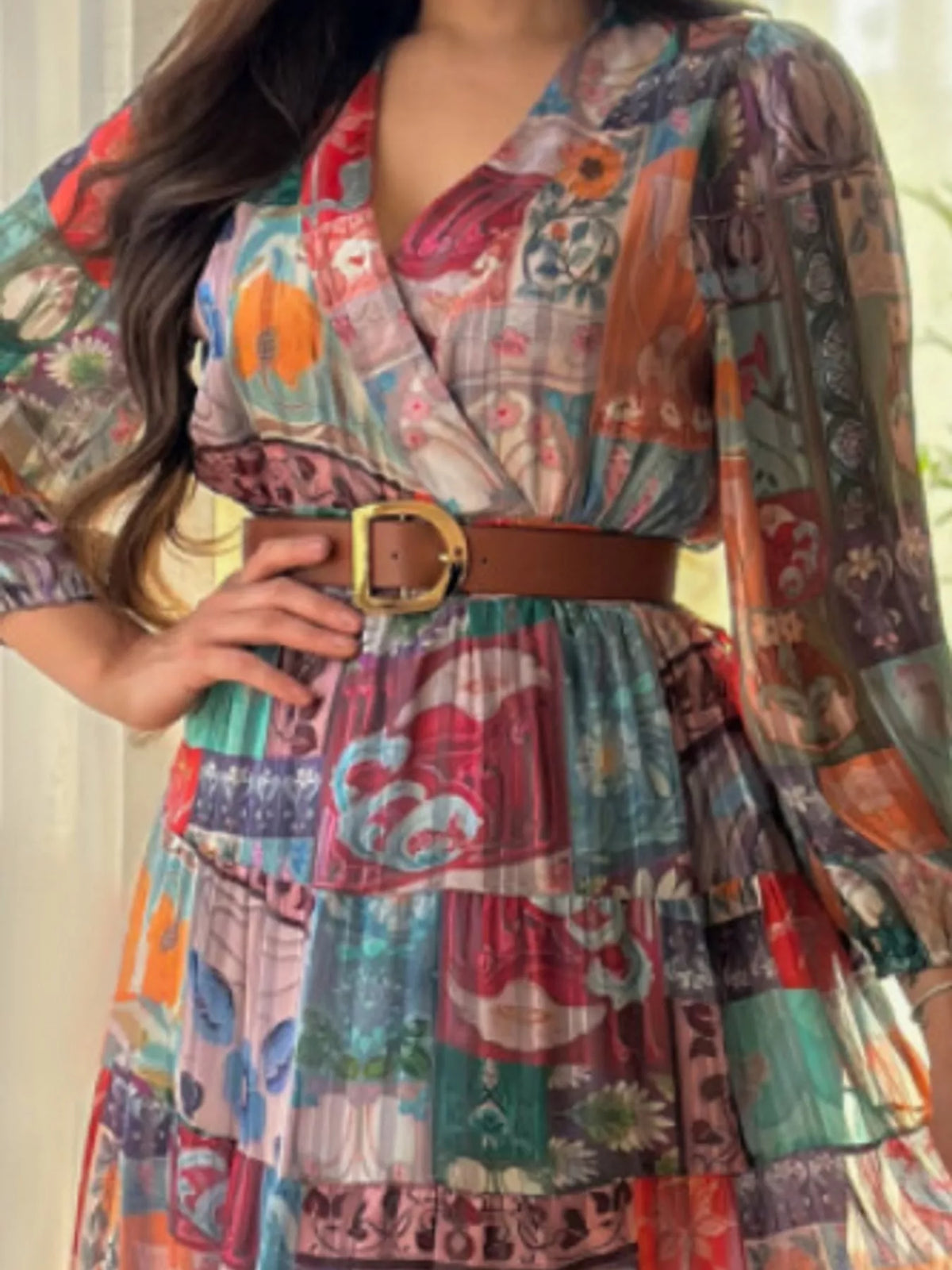 Printed Surplice Long Sleeve Maxi Dress in Multicolor