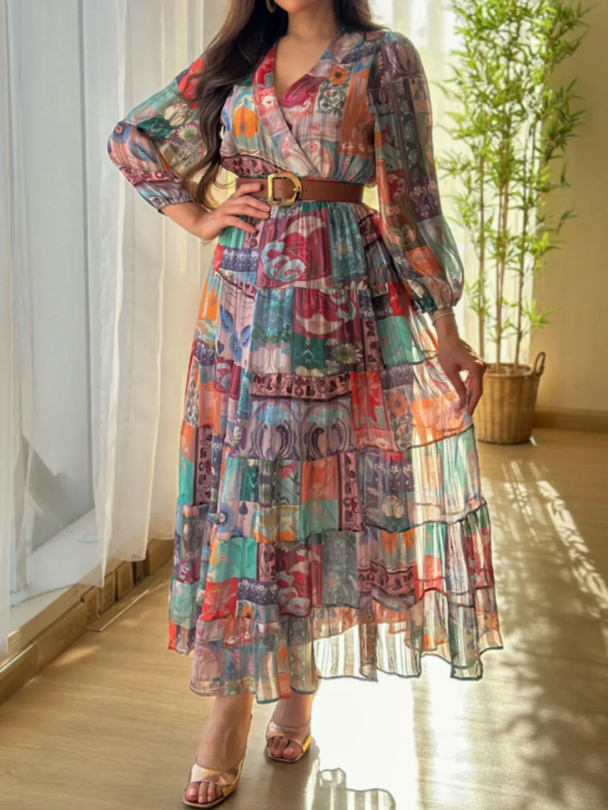 Printed Surplice Long Sleeve Maxi Dress in Multicolor