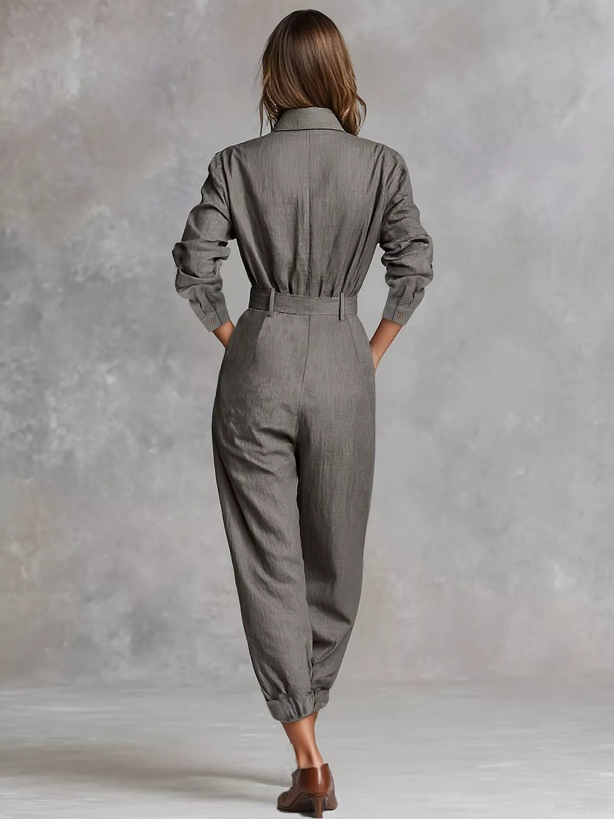 Button Front Long-Sleeve Jumpsuit in Gray