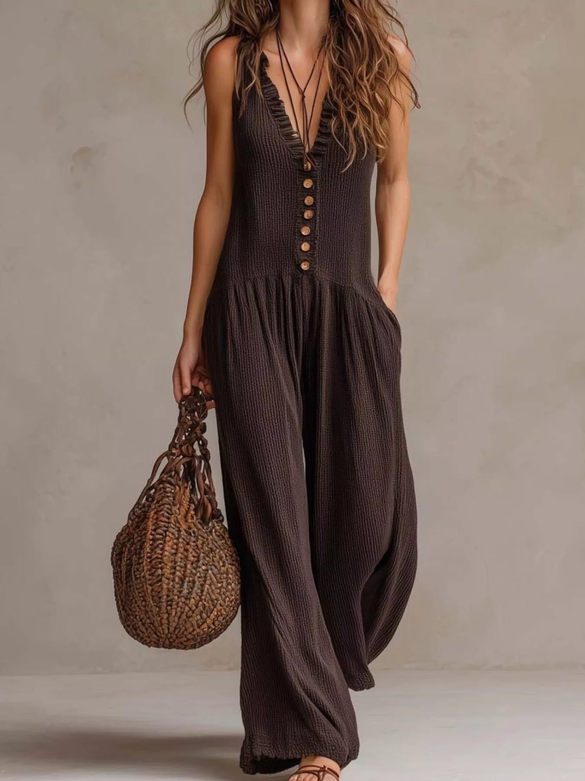 Ruched V-Neck Sleeveless Wide Leg Jumpsuit