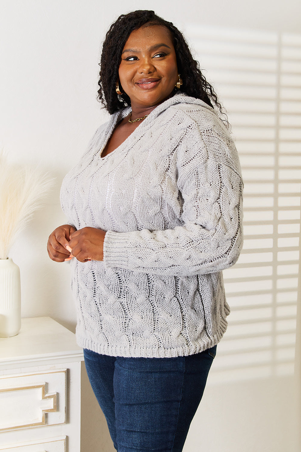 Cable-Knit Hooded Sweater in Light Gray