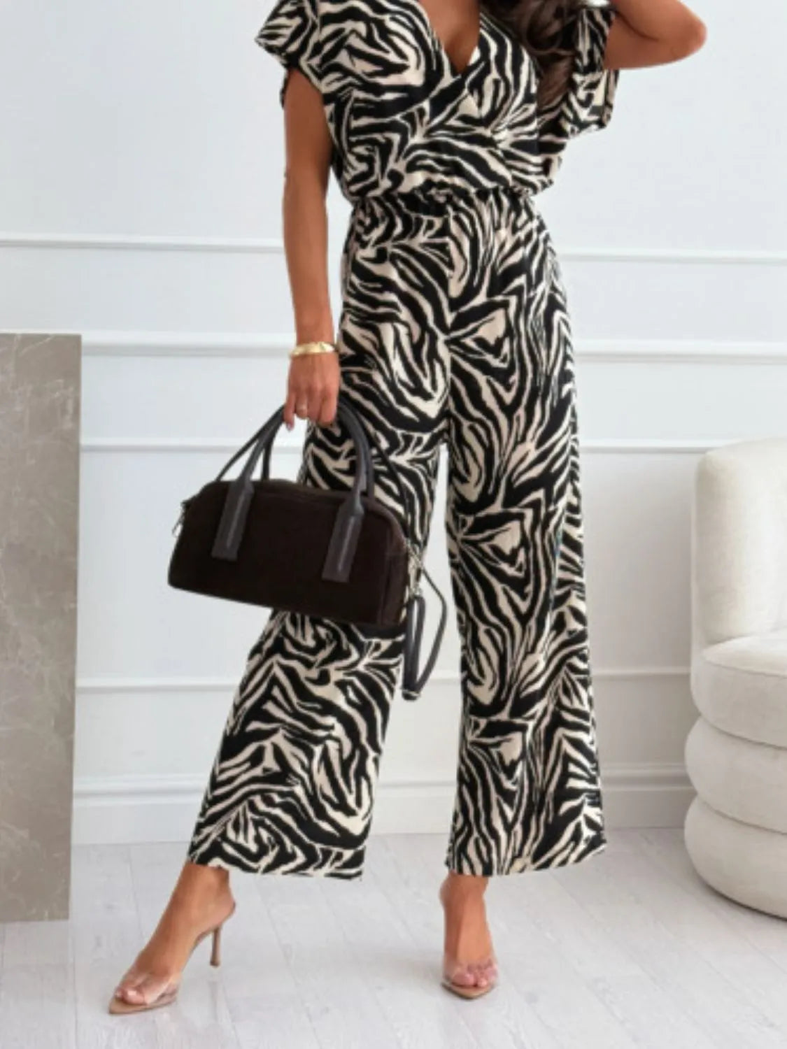 Printed Short Sleeve Wide Leg Jumpsuit