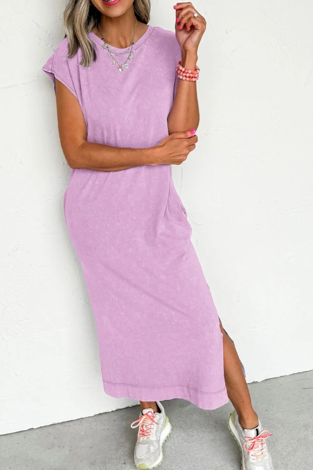 Side Split Round Neck Cap Sleeve T-Shirt Dress
