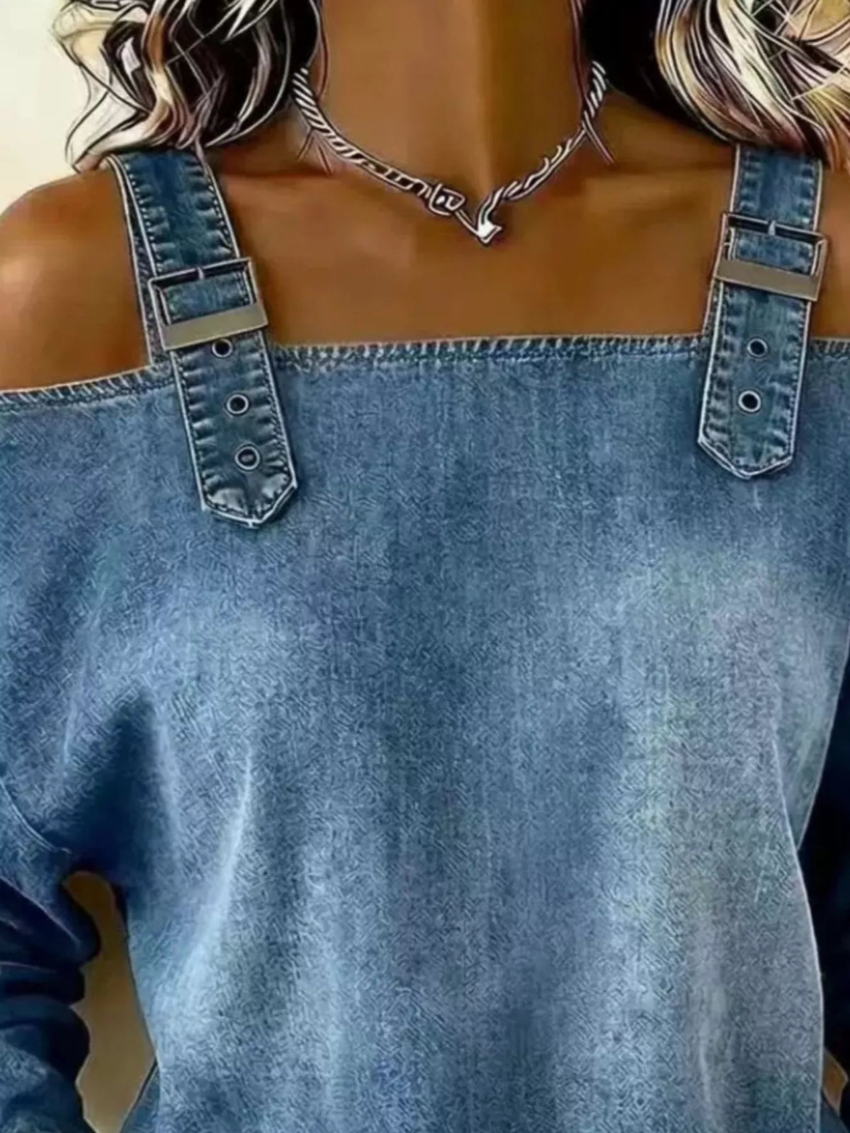Long Sleeve Buckle Strap Denim Top