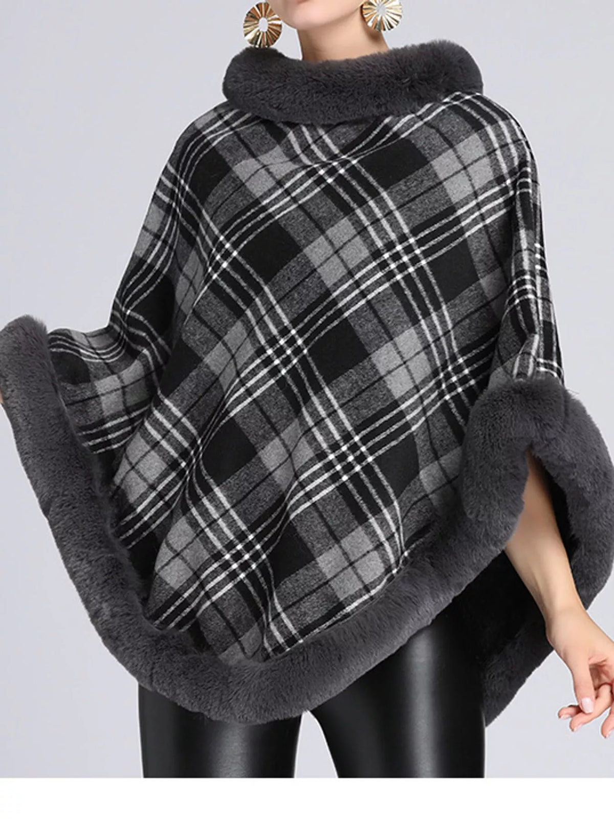 Plaid Faux Fur Trim Poncho Cape
