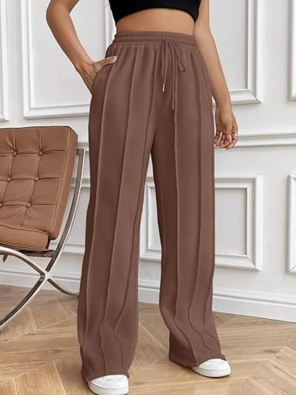 Drawstring Wide Leg Pants with Pockets by K&L