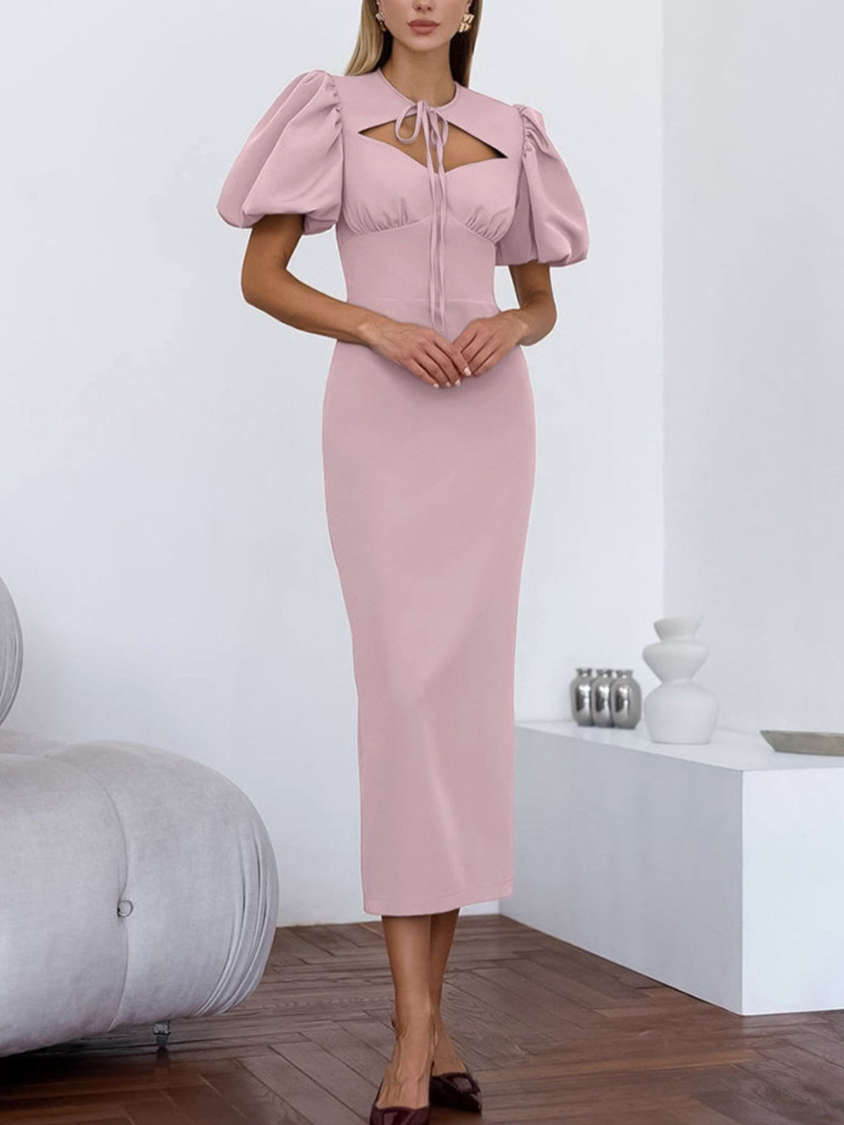 Cutout Front Puff Sleeve Dress