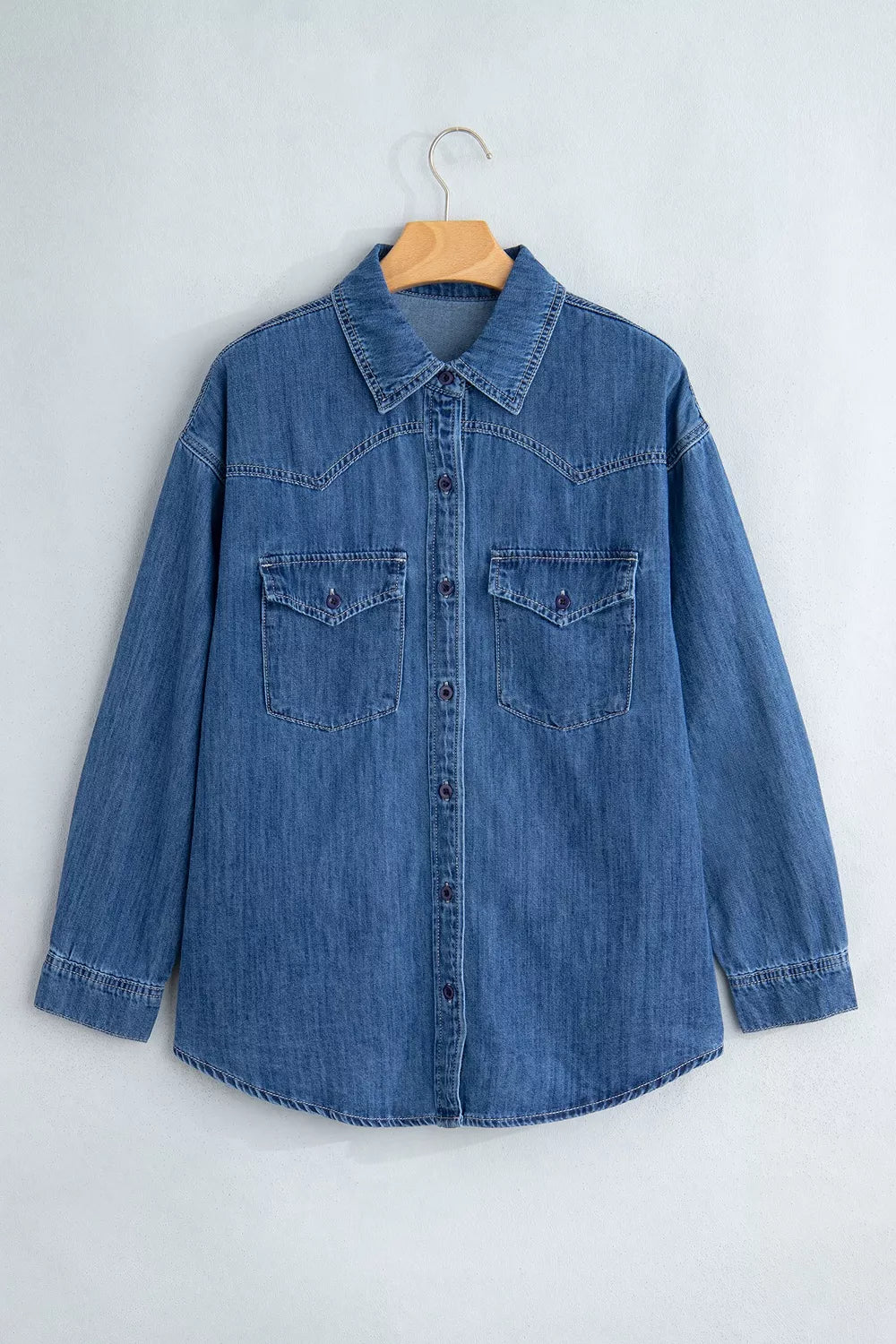 Western Patch-Pocket Denim Tunic in Dusty Blue