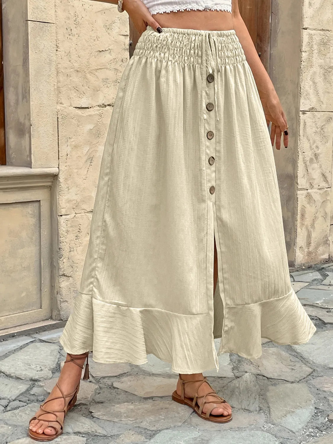 Ruffled Hem Slit Skirt in Beige