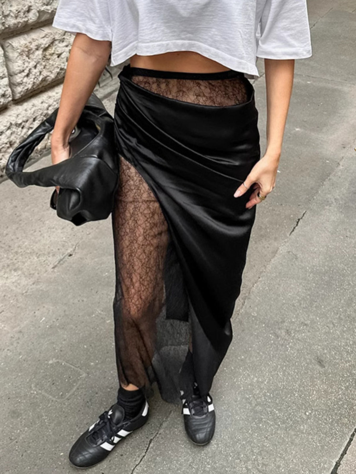 Lace Panel Midi Skirt in Black