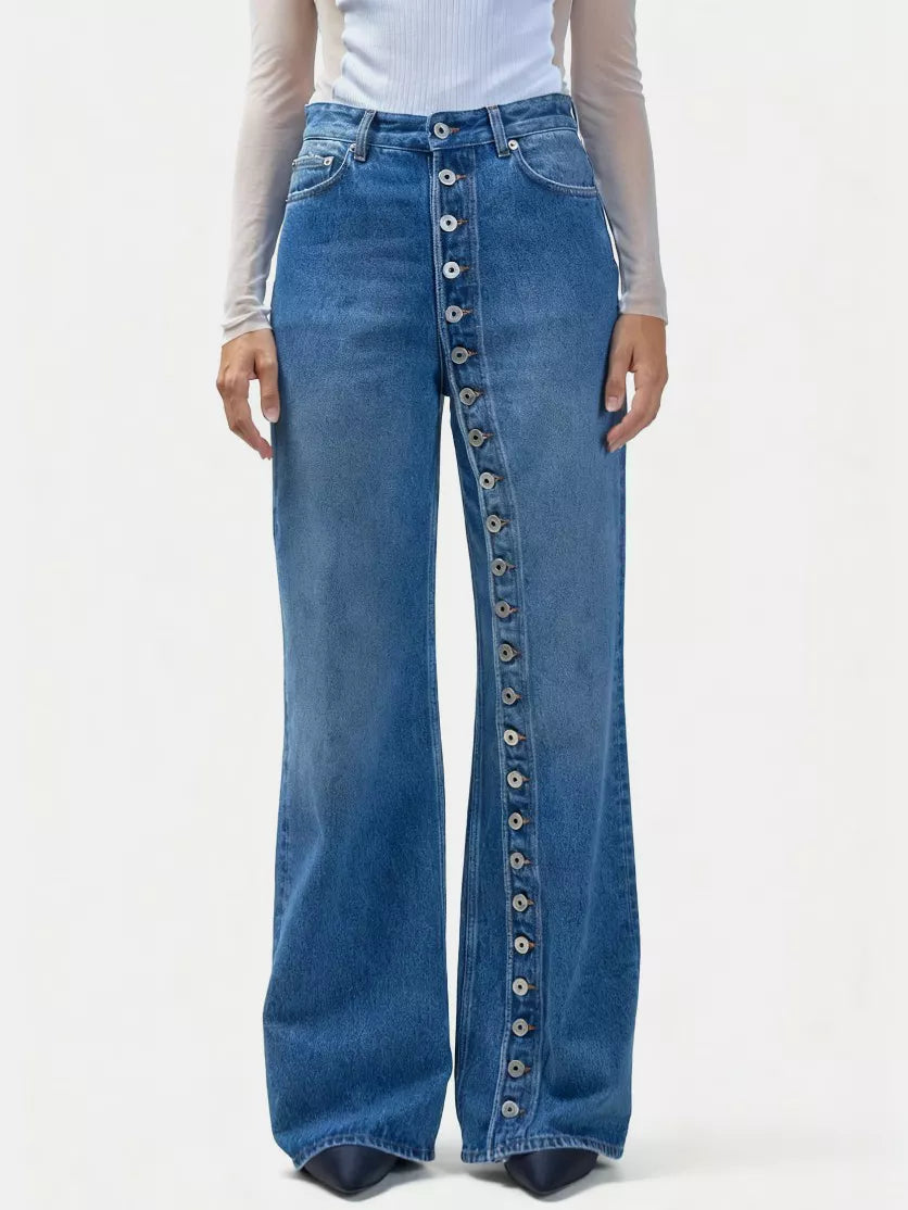 High-Waisted Asymmetric Button-Fly Wide-Leg Jeans in Dusty Blue by Invera
