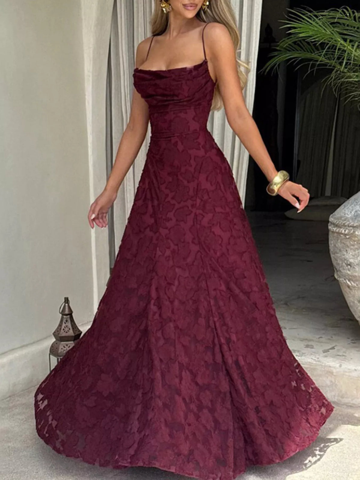 Lace-Up Spaghetti Strap Maxi Dress in Burgundy