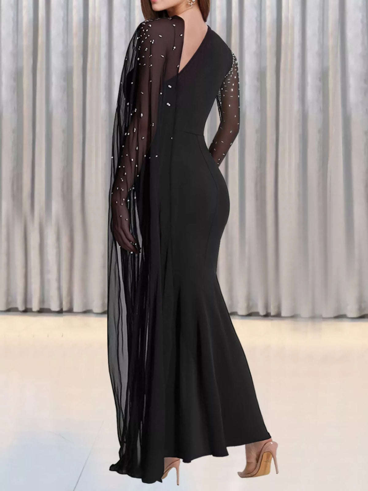 Rhinestone Cape Maxi Dress in Black