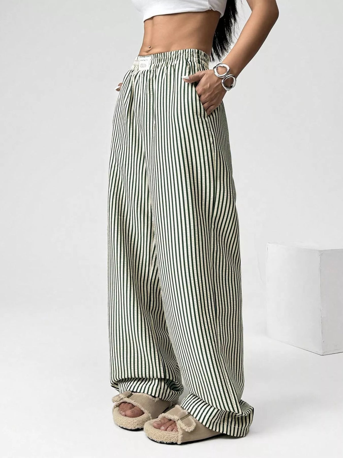 Striped High-Waisted Wide-Leg Pants