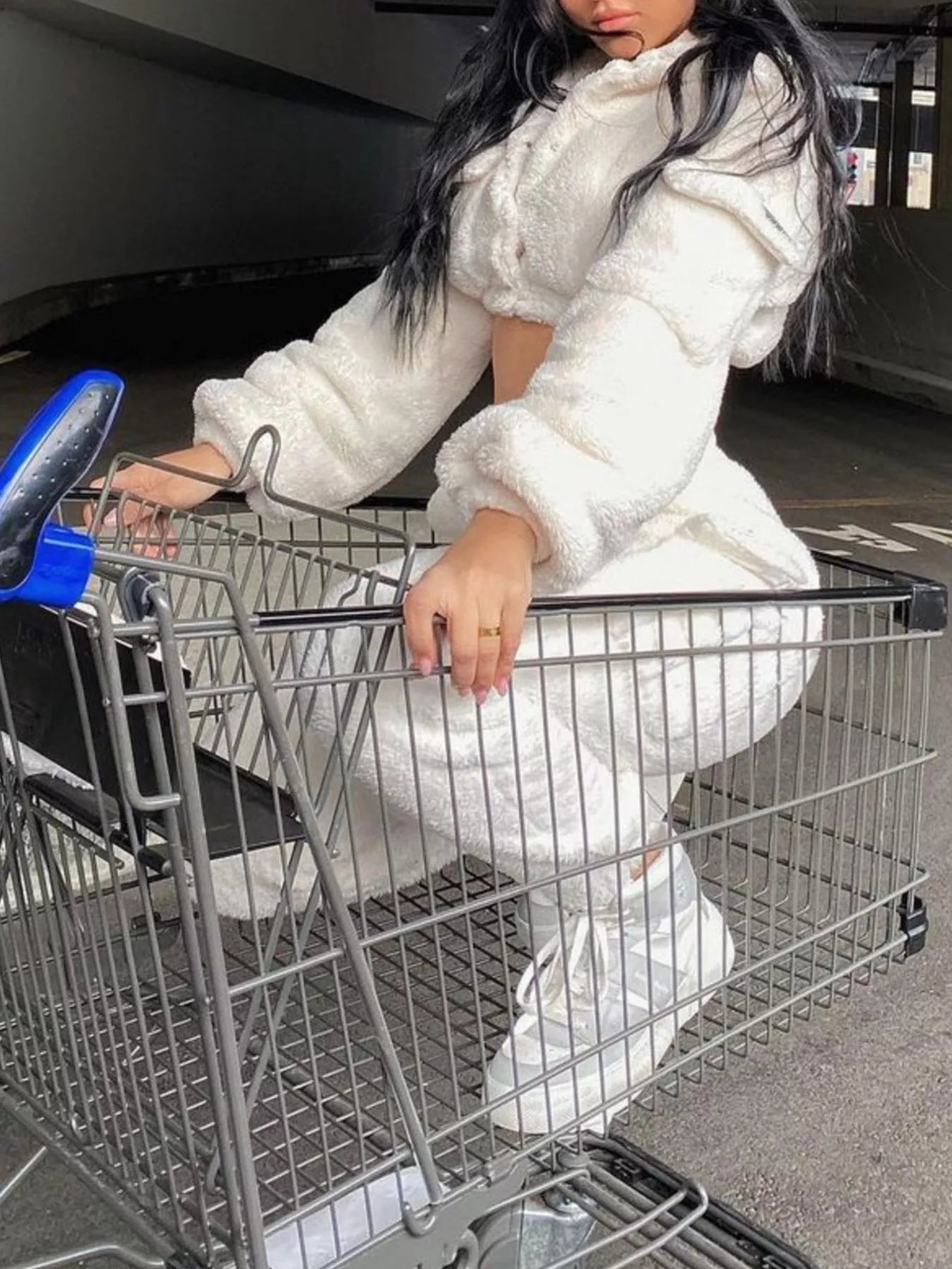 Plush Crop Top and Cargo Pants Set in White