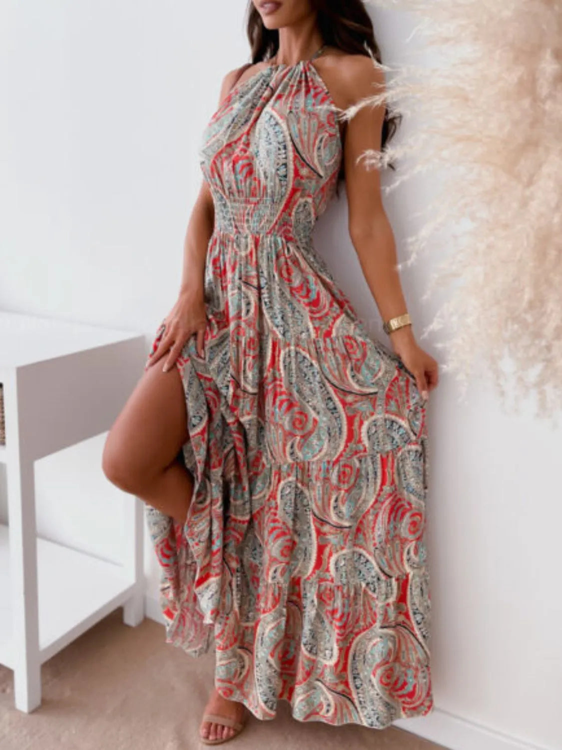 Halter Neck Tiered Maxi Dress in Red Flower