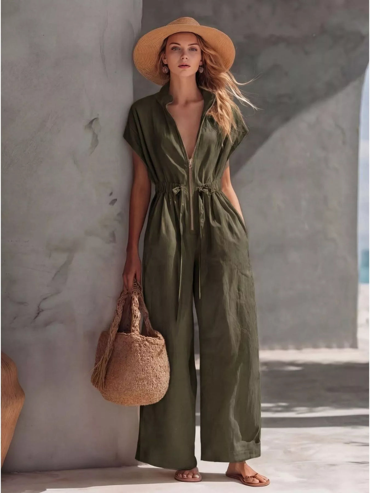 Zipper Front Wide Leg Jumpsuit