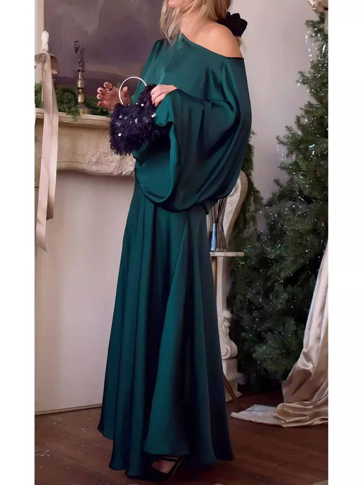 Satin Cape-Sleeve Maxi Dress