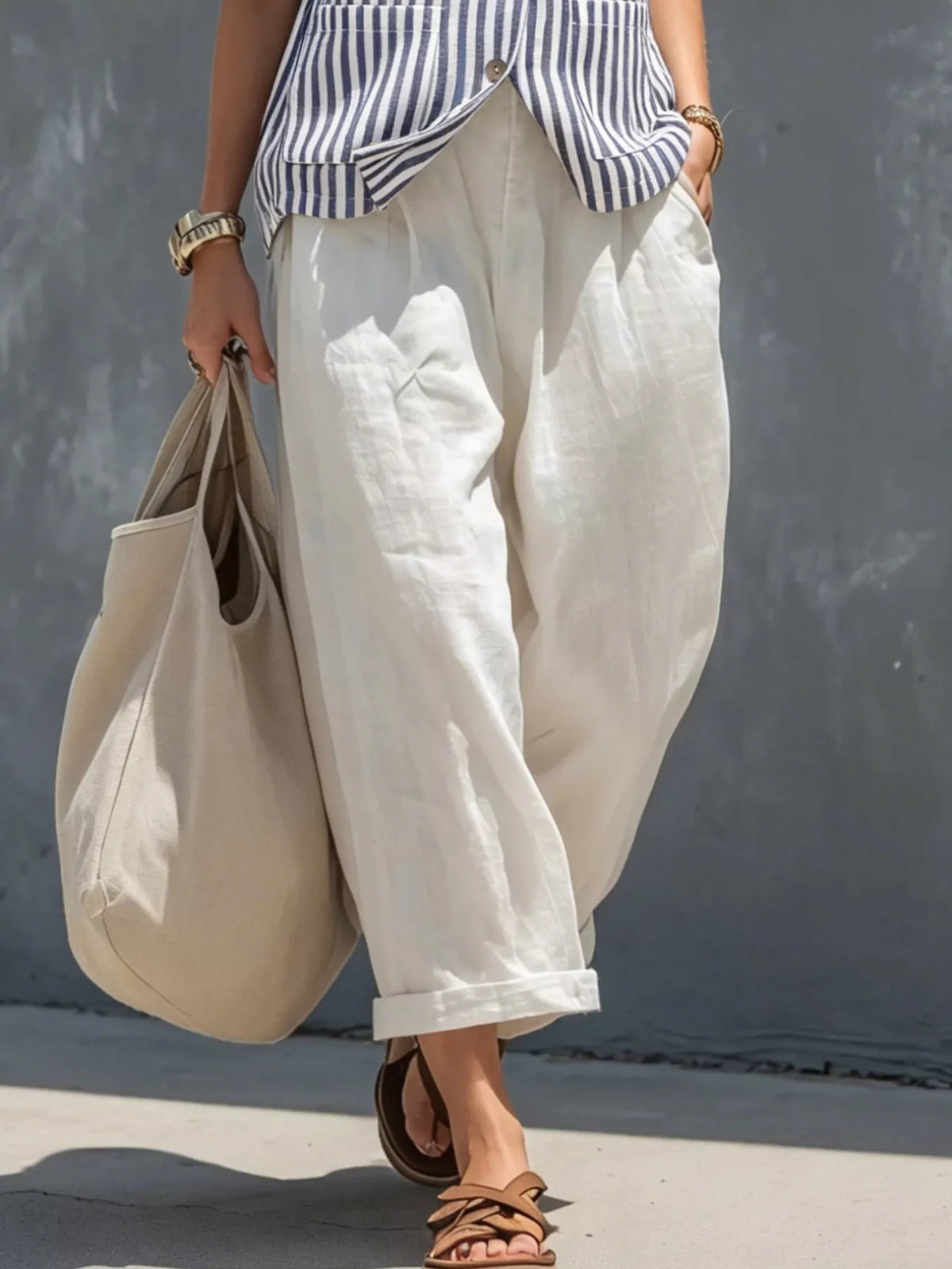 Striped Button-Down Vest and Pants Set in Blue
