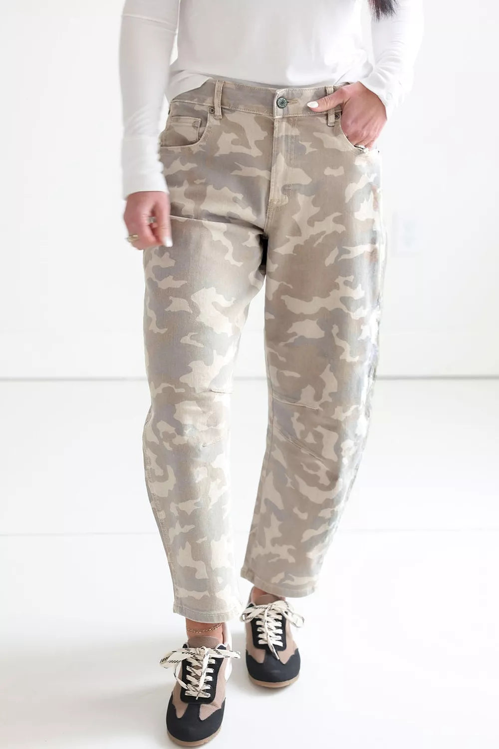 Camouflage Print Ankle Barrel Jeans in Dust Storm