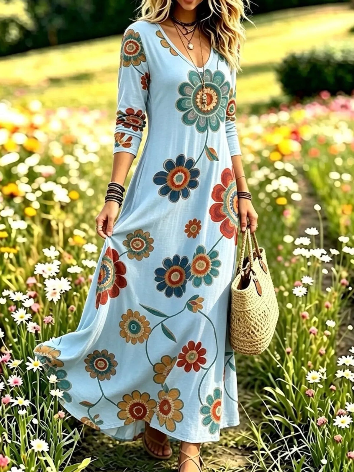 Floral Print Long Sleeve Maxi Dress