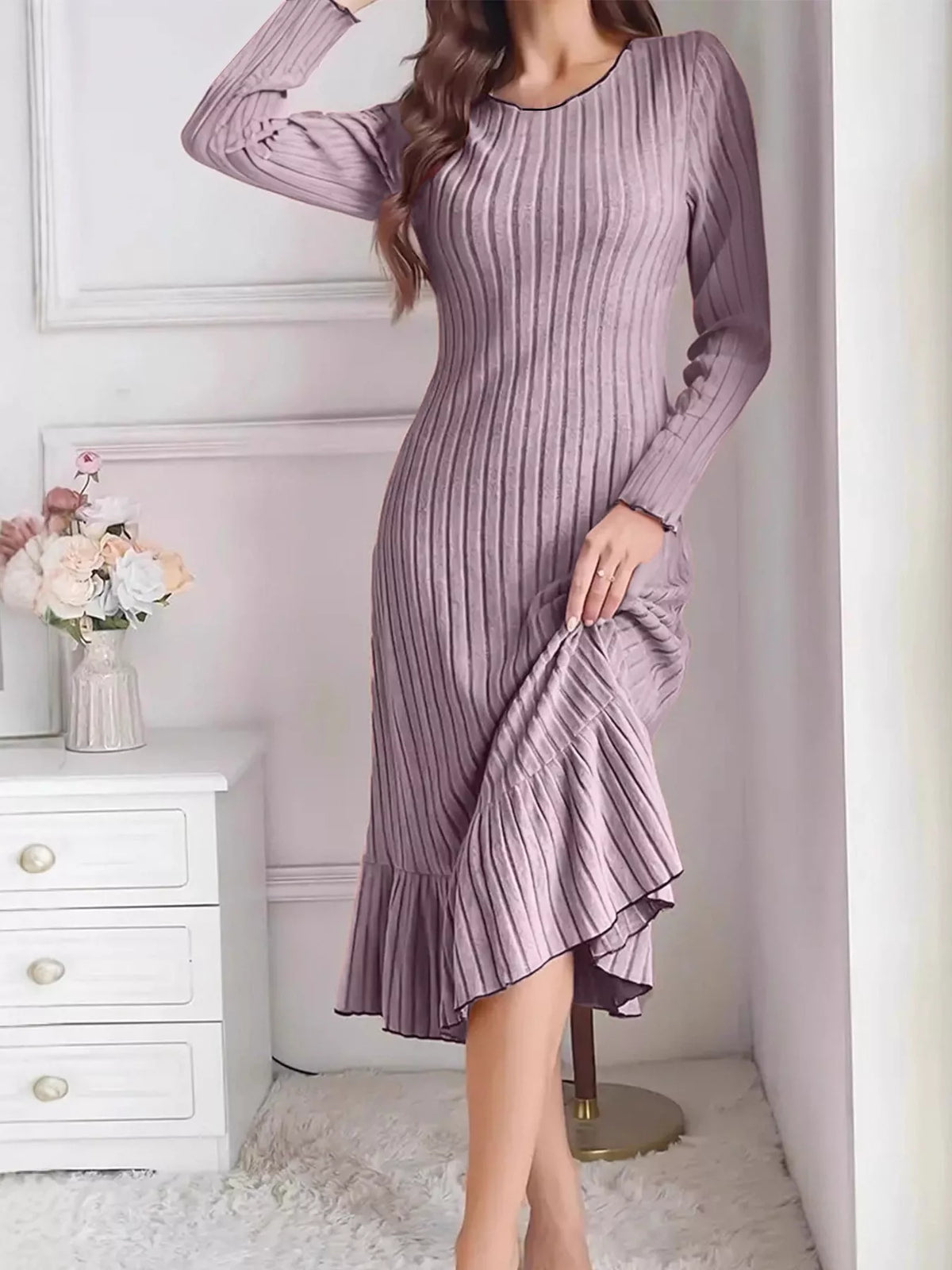 Ribbed Knit Bodycon Dress with Ruffle Hem