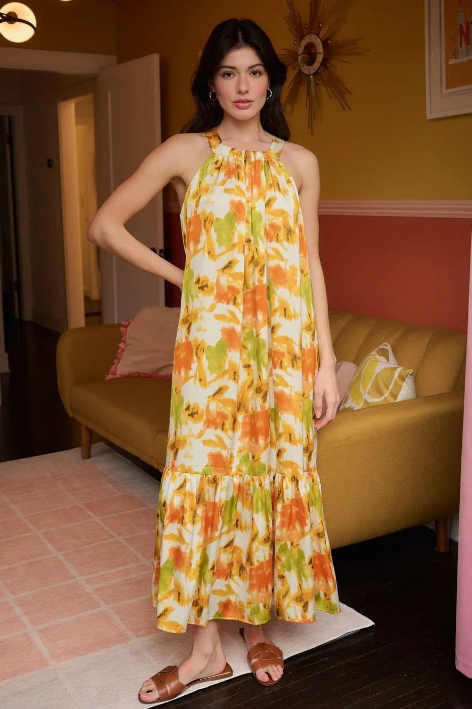 Watercolor Print Halter Maxi Dress in Orange by Mittoshop