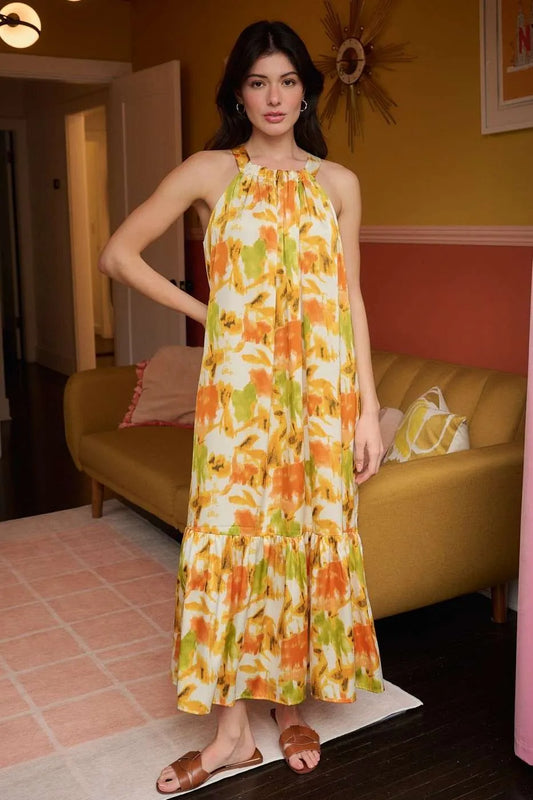 Watercolor Print Halter Maxi Dress in Orange by Mittoshop