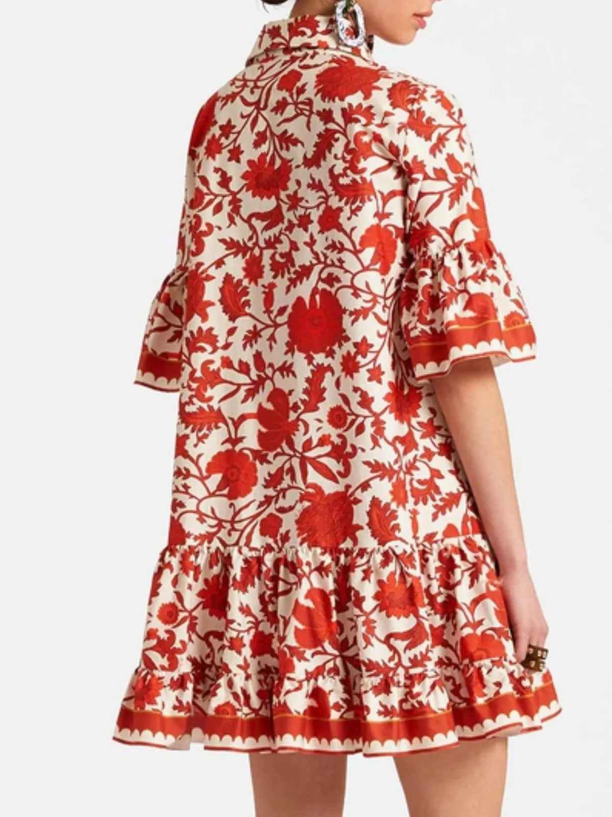 Buttoned Floral Ruffle-Sleeve Mini Dress by Rosaline