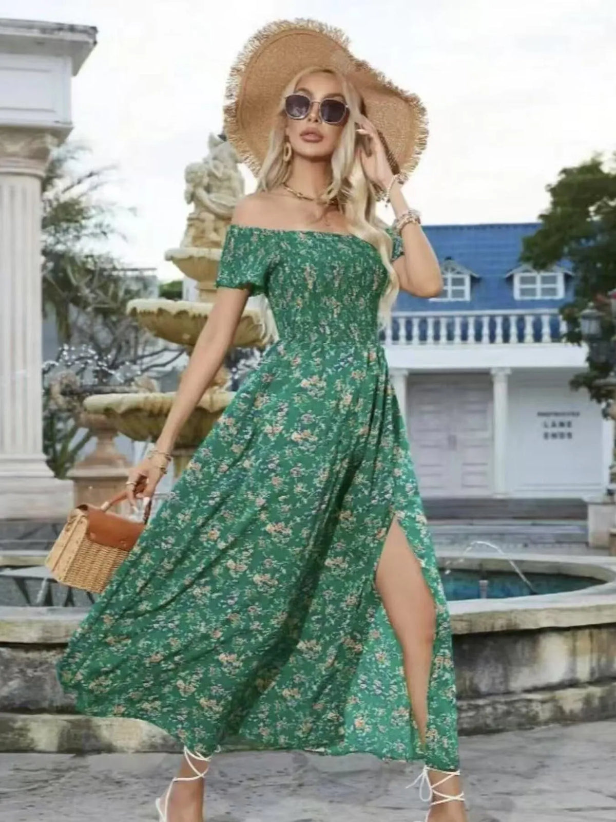 Off-Shoulder Smocked Floral Midi Dress
