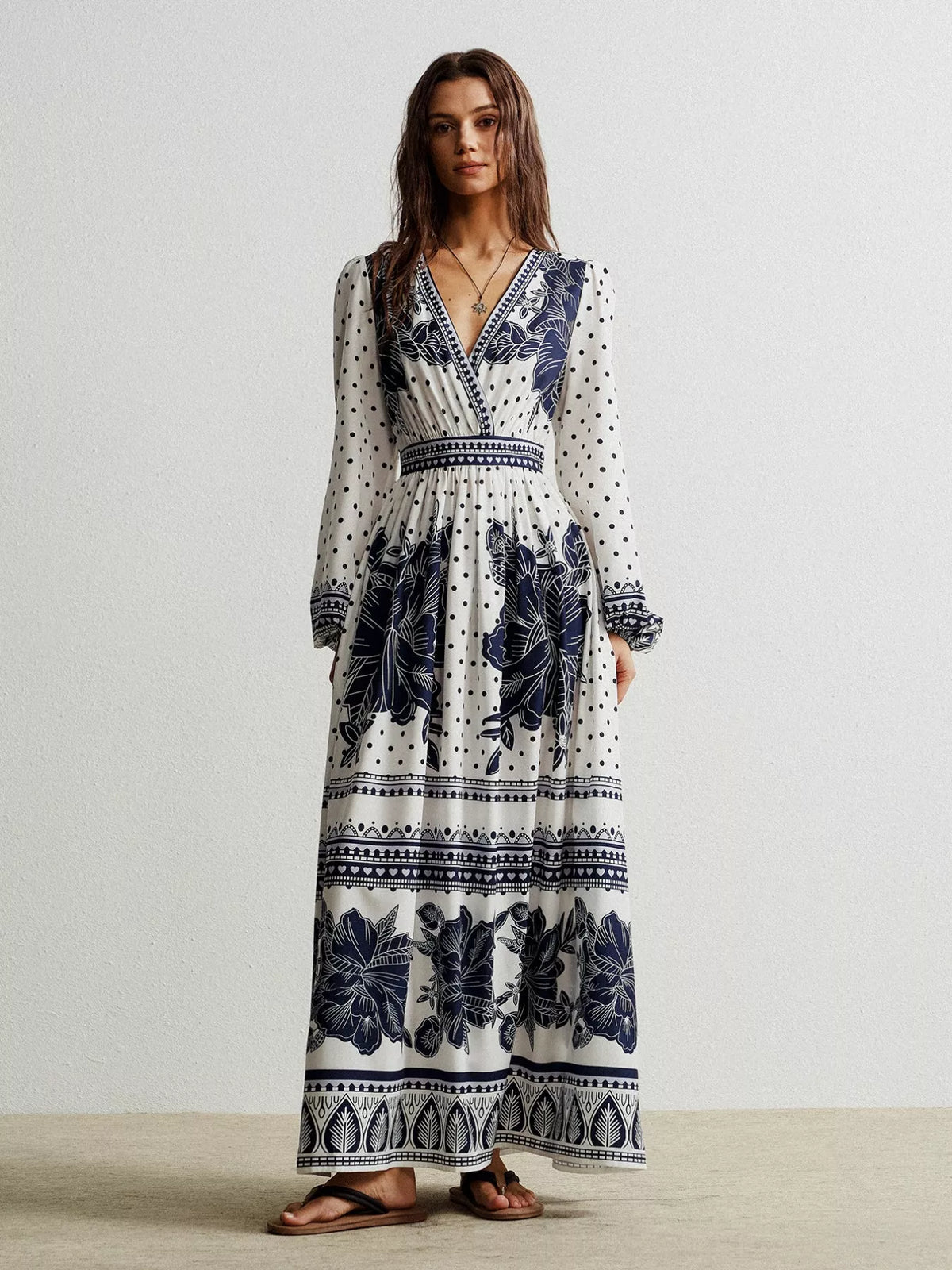 Ruched Floral Long Sleeve Maxi Dress in Indigo