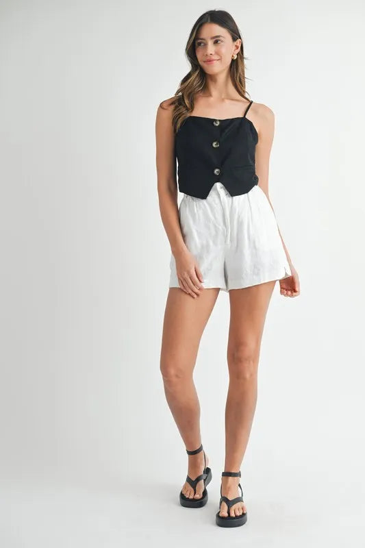 Linen Mix Button-Down Tank Top in Black