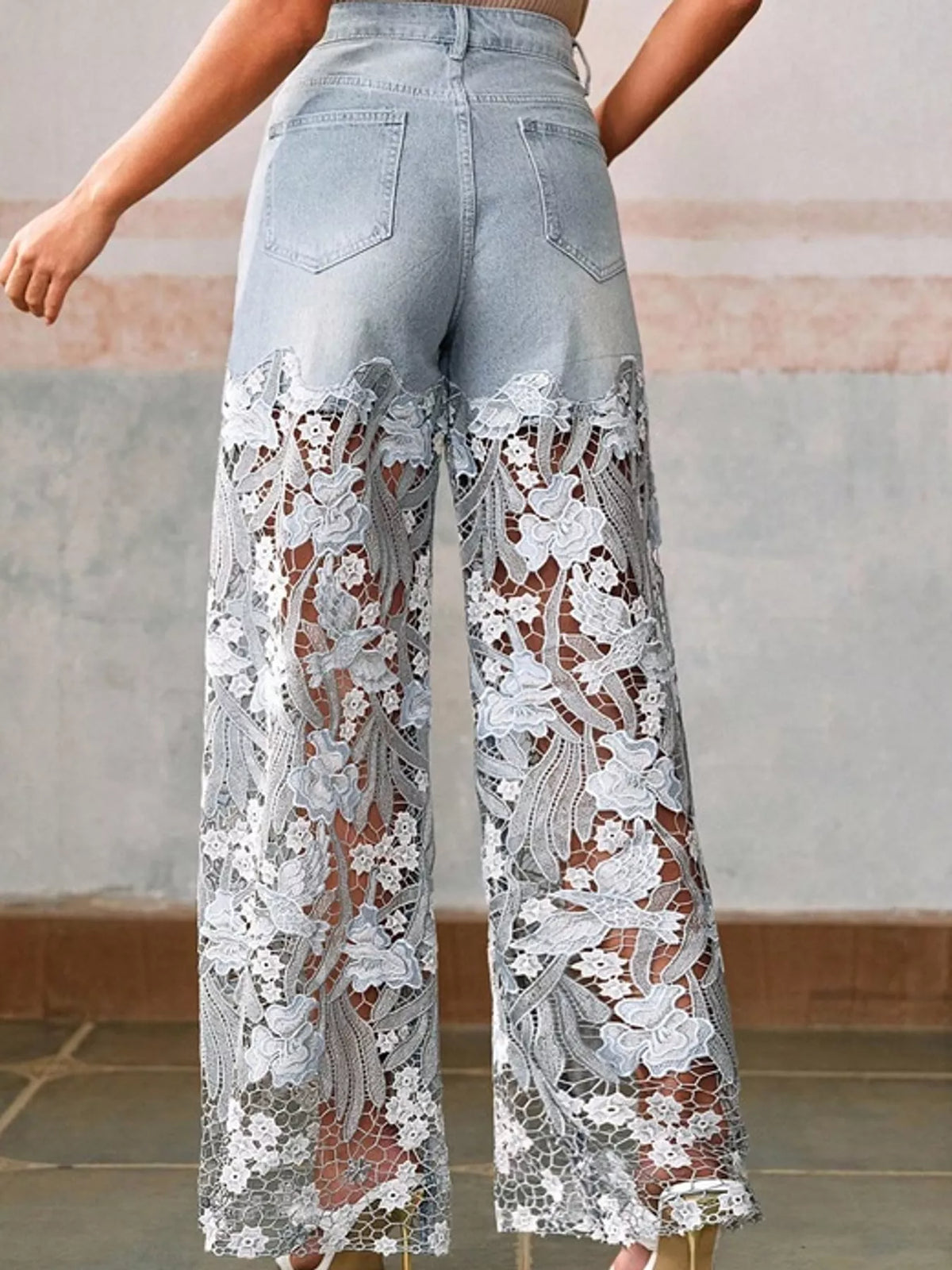 Lace Wide-Leg Jeans in Light Blue