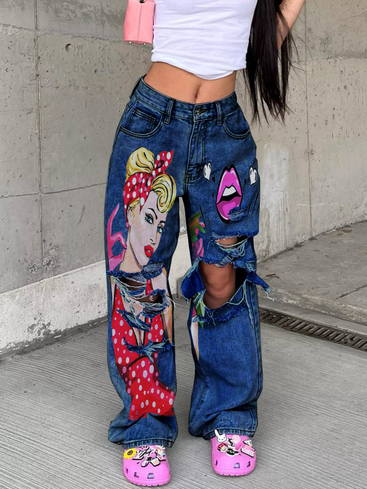 Art Print Distressed Wide Leg Jeans
