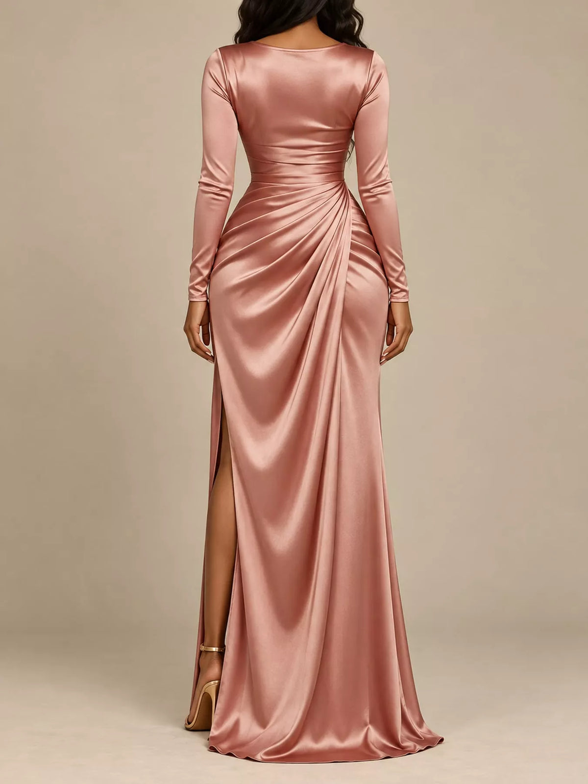 Satin Cowl Neck High Slit Evening Maxi Dress in Black