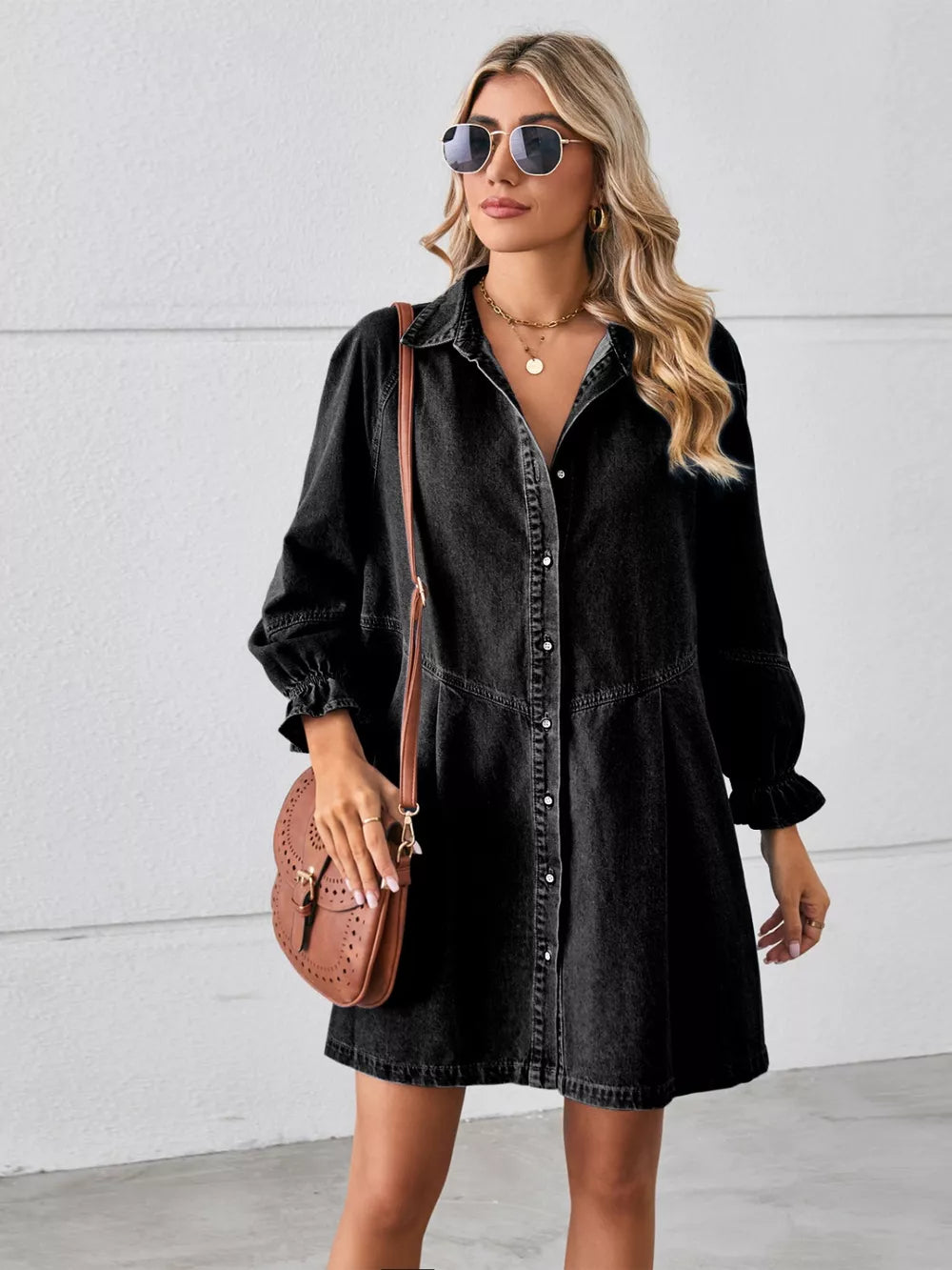Button Up Flounce Sleeve Mini Denim Dress by Manny