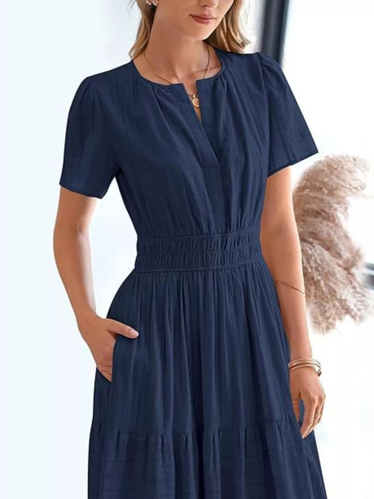 Short Sleeve Tiered Midi Dress with Pockets