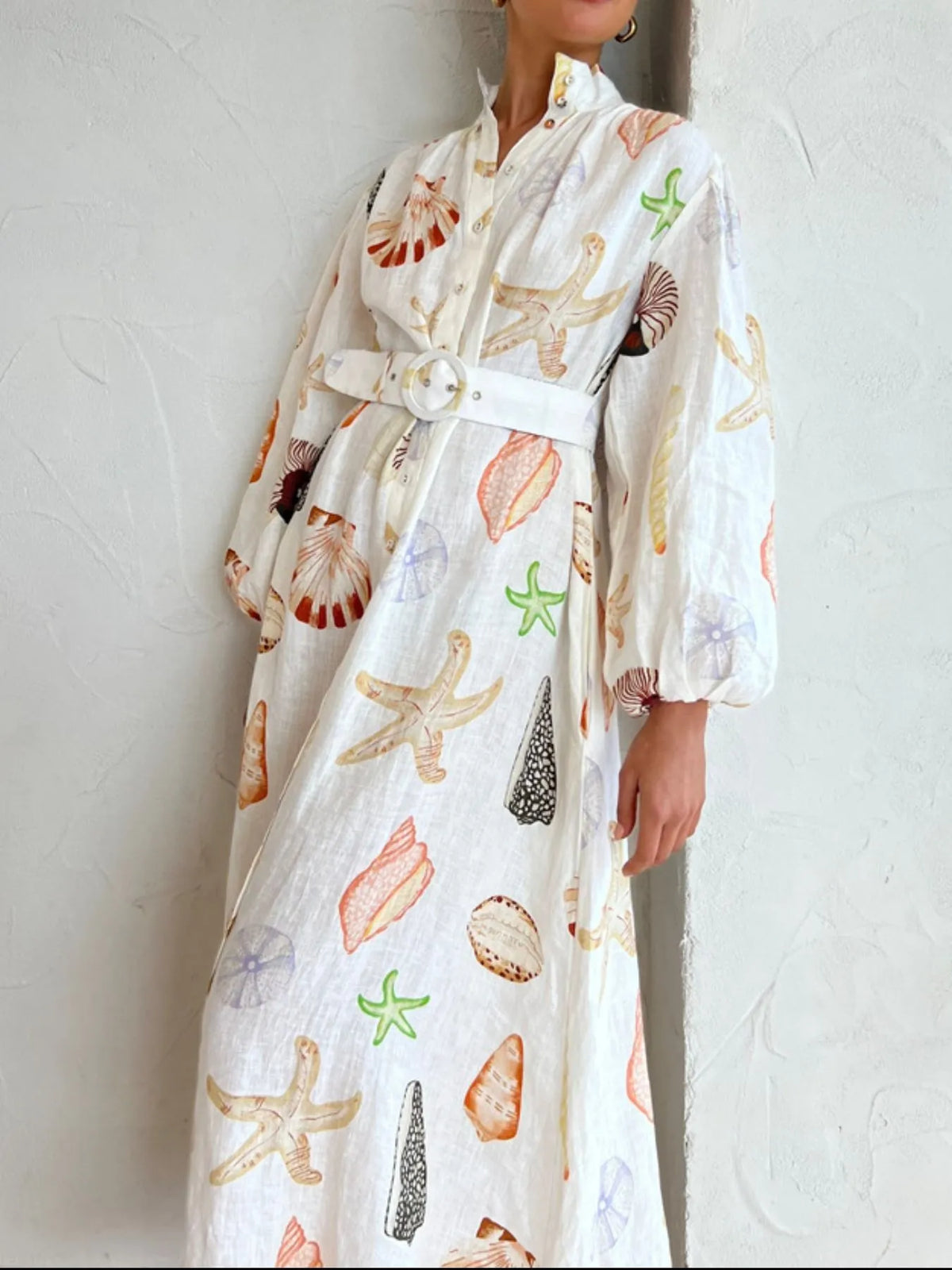 Printed Balloon Sleeve Maxi Shirt Dress in Beige
