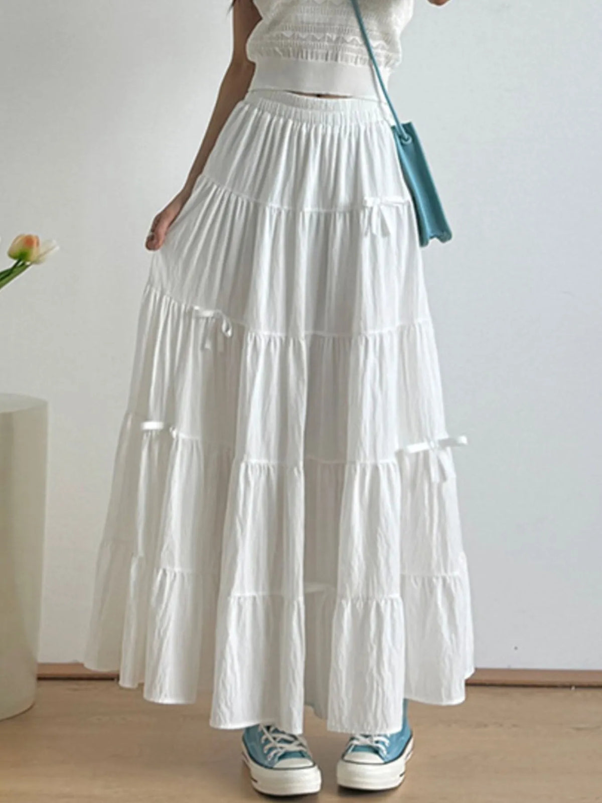 Tiered Bow Maxi Skirt with Elastic Waist