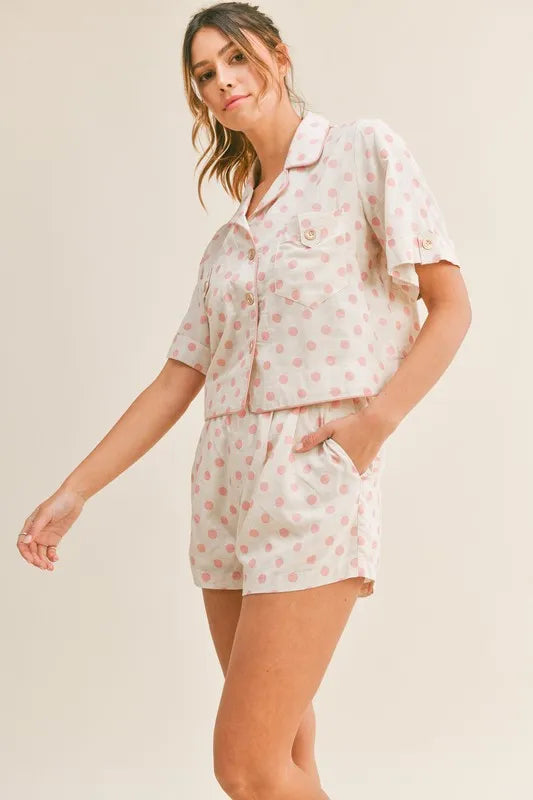 Polka Dot Collar Crop Top & Shorts Set in Pink