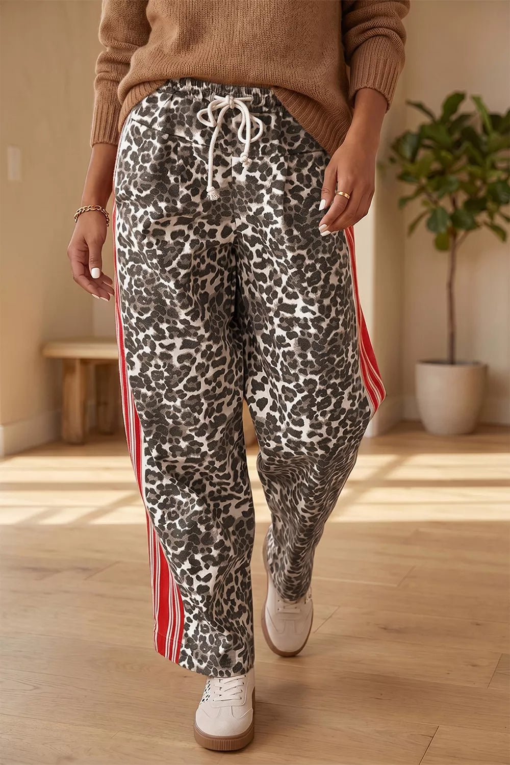 Leopard Patchwork Elastic-Waist Jeans