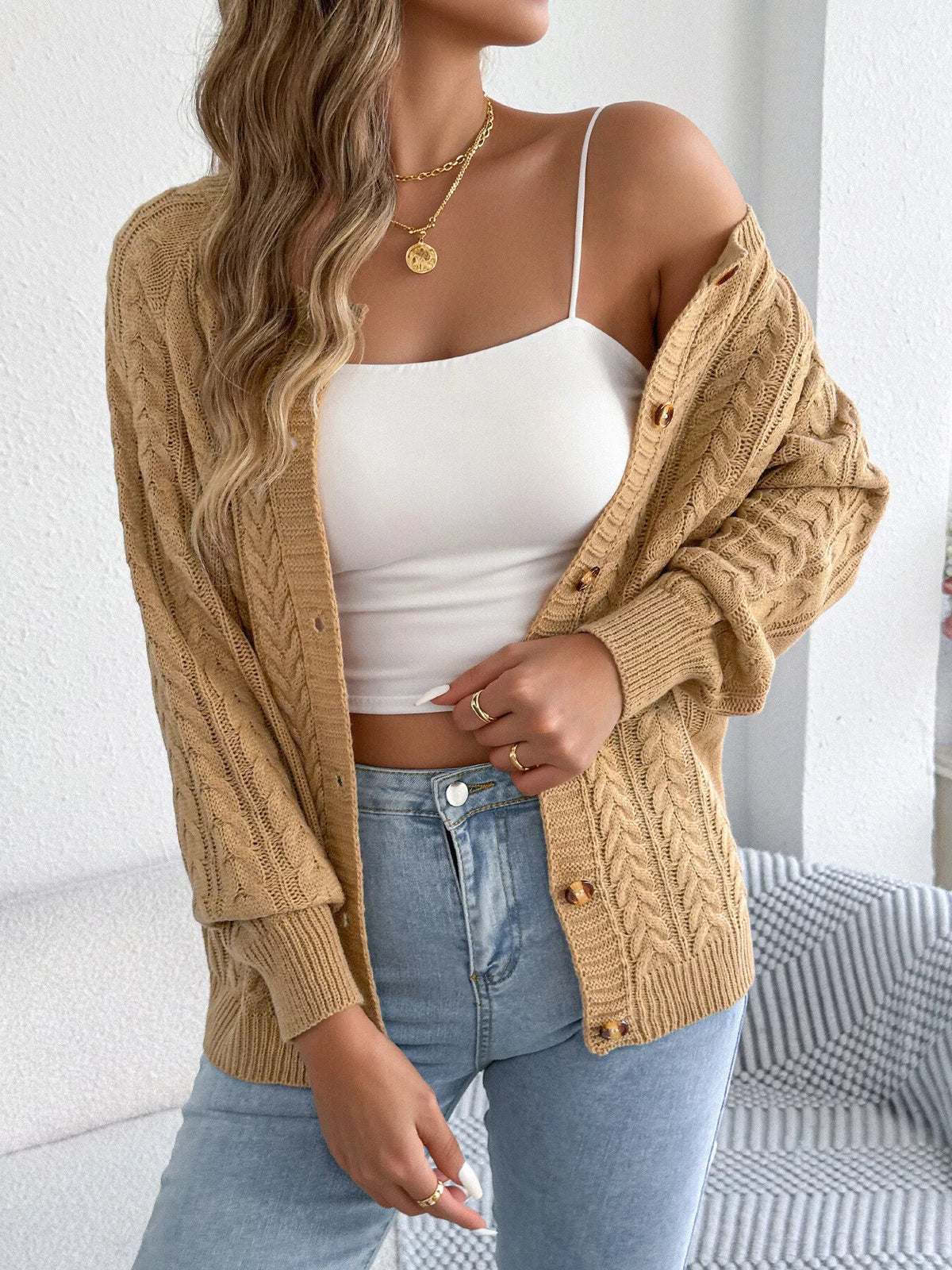 Cable-Knit Button-Front Cardigan by Clise
