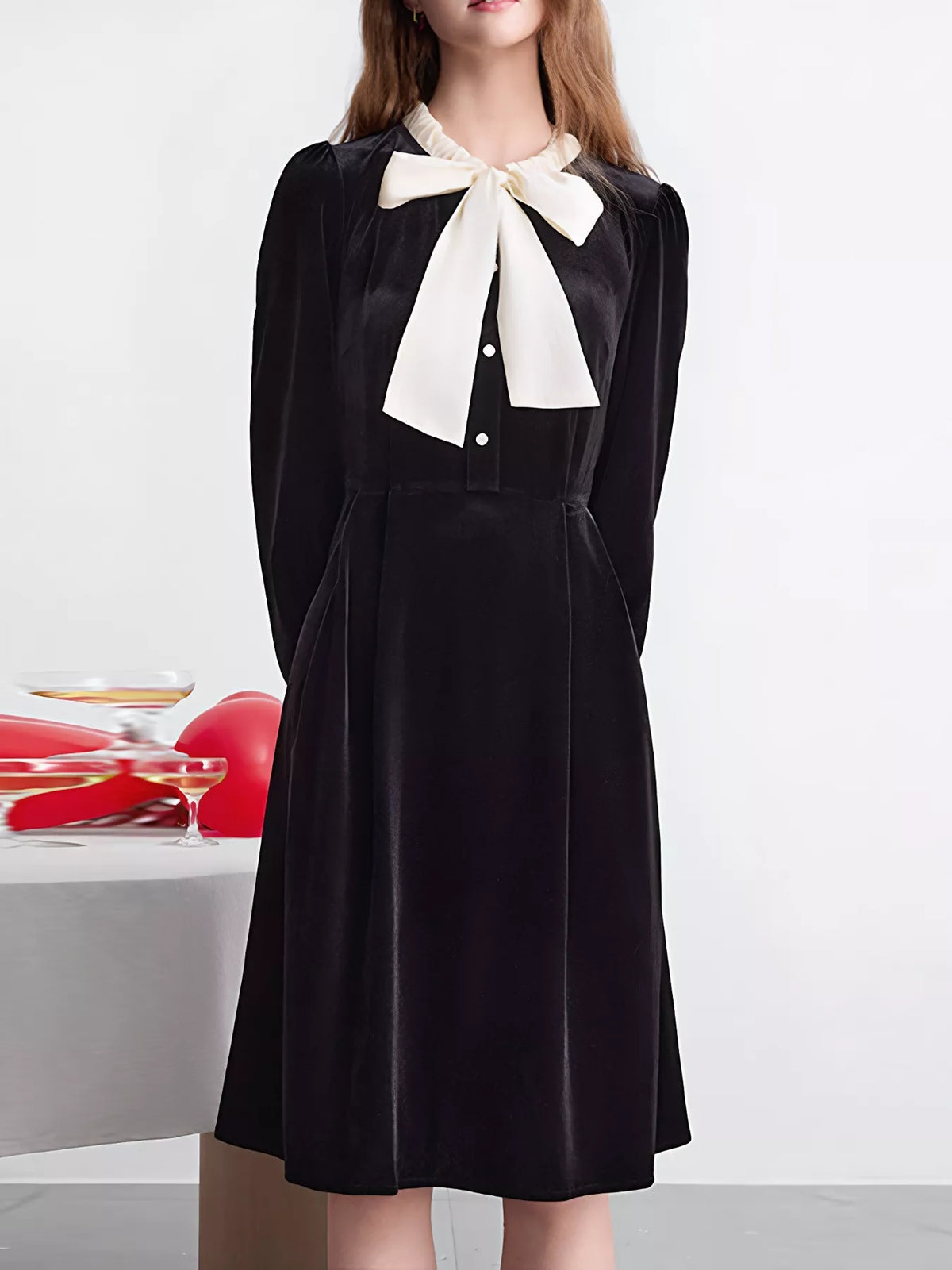 Velvet Bowknot A-Line Dress in Black