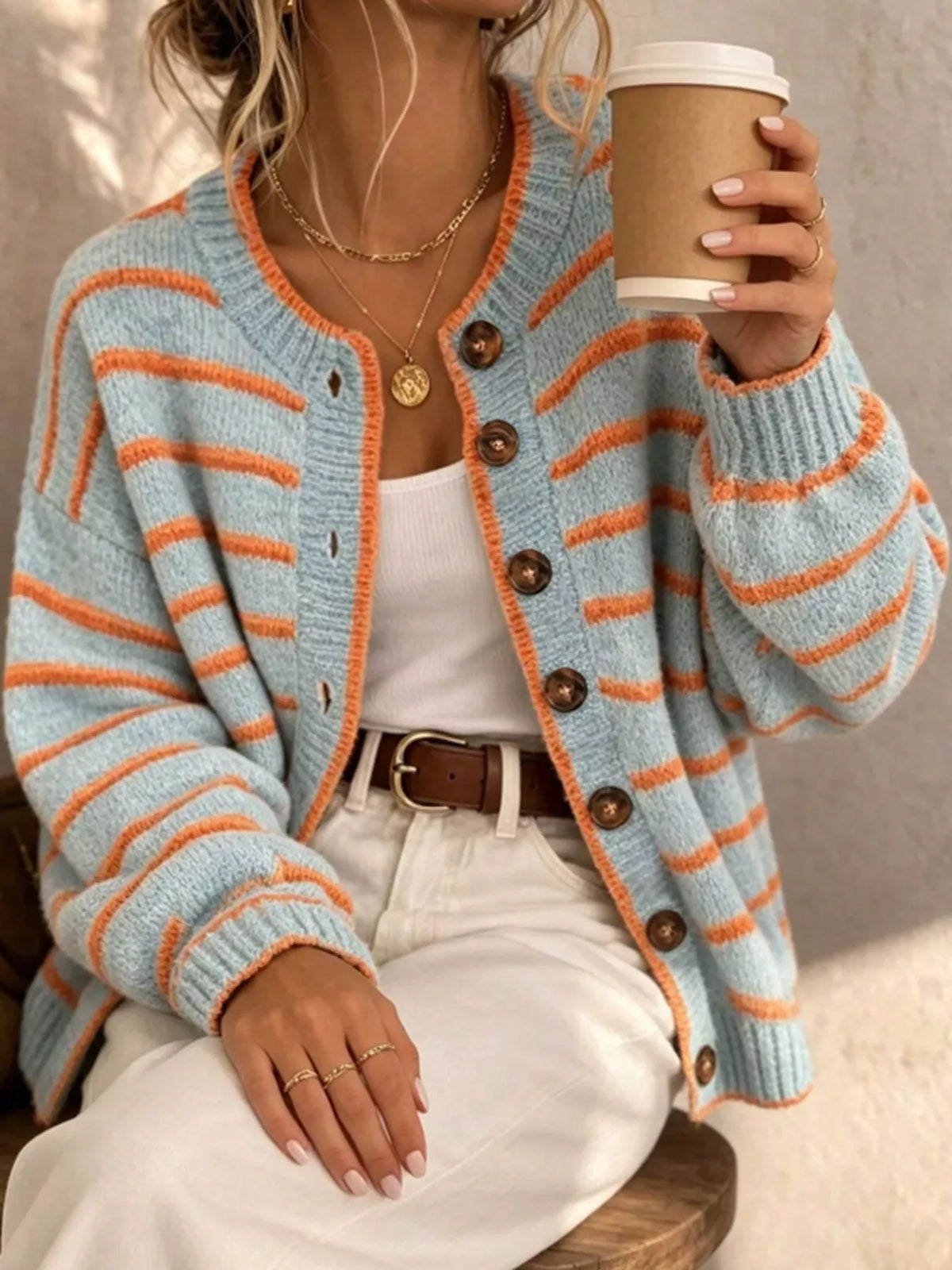 Striped Button-Front Knit Cardigan