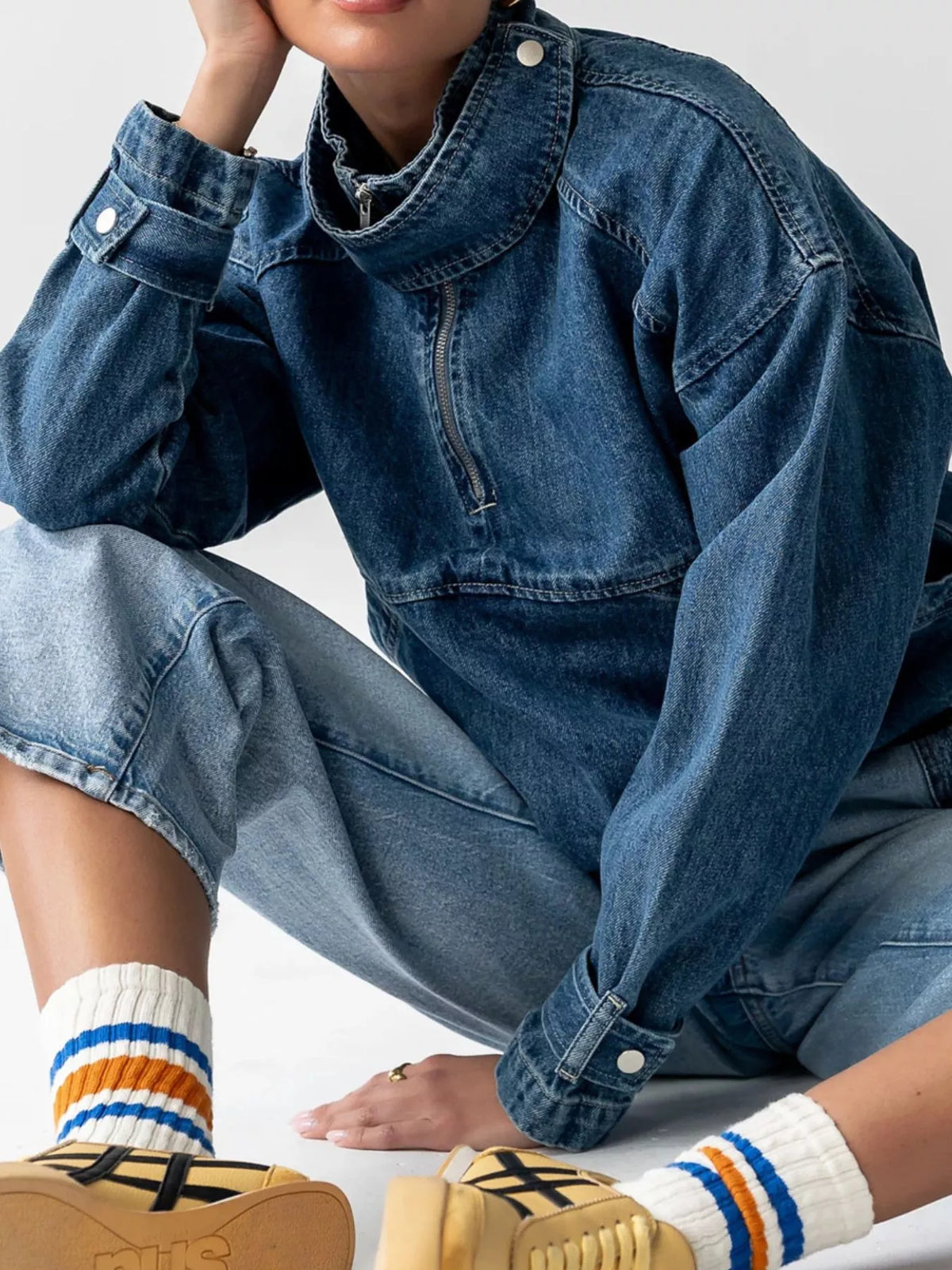 Half-Zip Turtleneck Denim Top in Blue