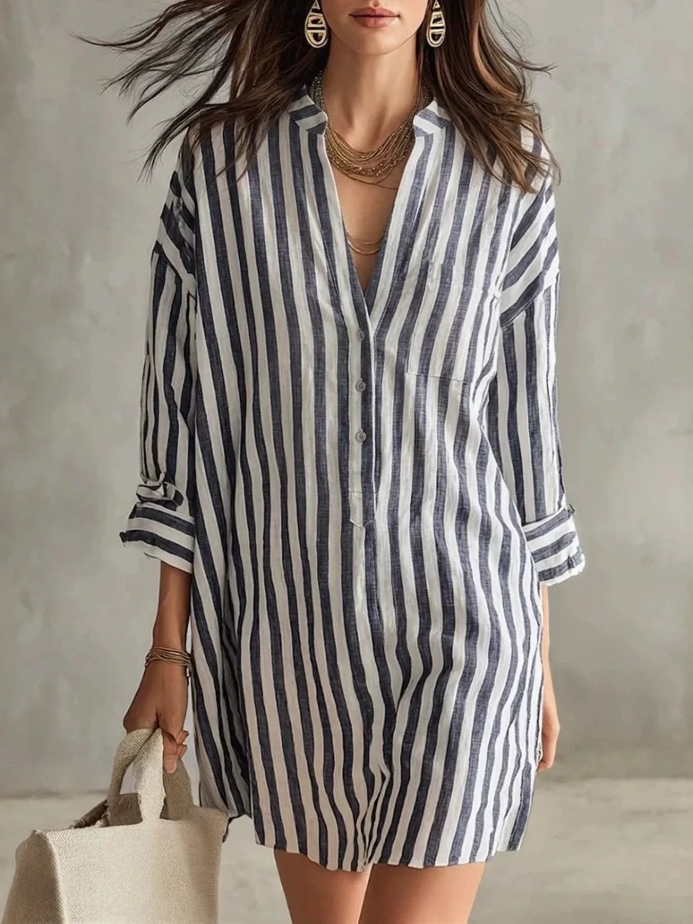 Striped Button-Front Shirt Mini Dress